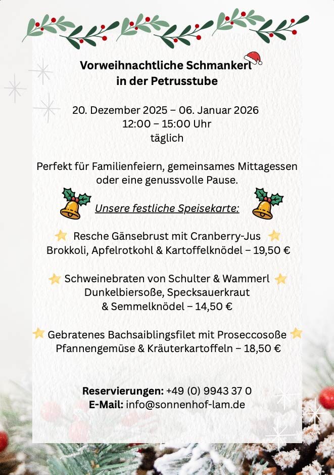 Speisekarte Weihnachtszeit Hotel Sonnenhof
